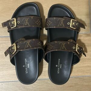 LV Brown Buckle Monogram Flat Slides